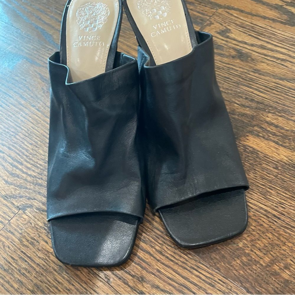 VINCE CAMUTO Arlinala Black Leather Mule Heeled Sandals - Picture 7 of 11